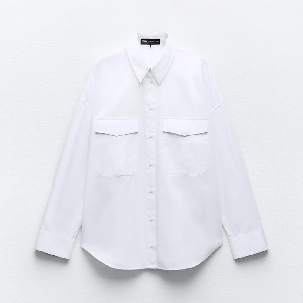 NWT. Zara White Poplin Shirt with Large Pockets. Size L.
